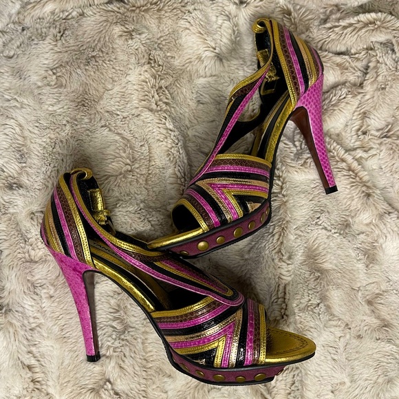 Gold Pink Tango High Heels | Strappy Metallic Open Toe Party Shoes for Dancing - Picture 1 of 6